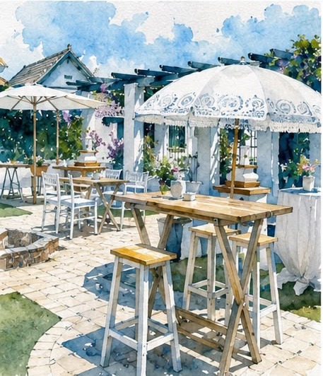 Patio con mesas altas de Hacienda El Triunfo