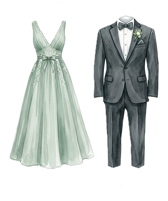 Ilustración acuarela de vestido verde y esmoquin